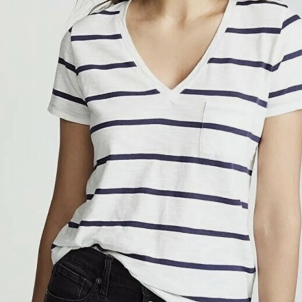 MADEWELL WHITE NAVY STRIPES V-NECK FRONT POCKET T-SHIRT TEE